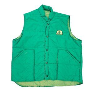 VTG 70s Pioneer Seed Farmer Puffer Vest Patch Green Quilted Snap Closure Sz L XL